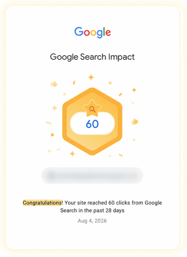 Google Search Impact notification showing 60 clicks in 28 days; website identity hidden for privacy